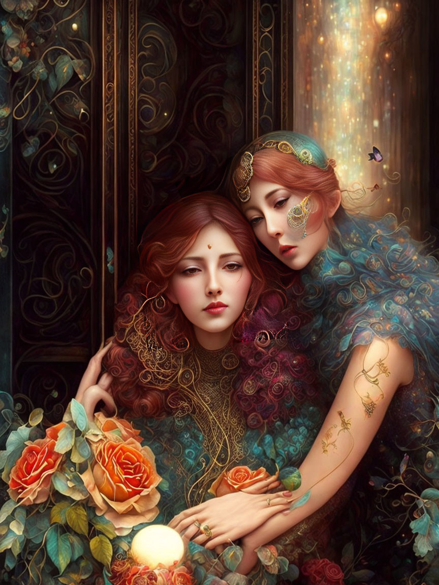 Women with ornate hairstyles and jewelry embracing in a magical garden.