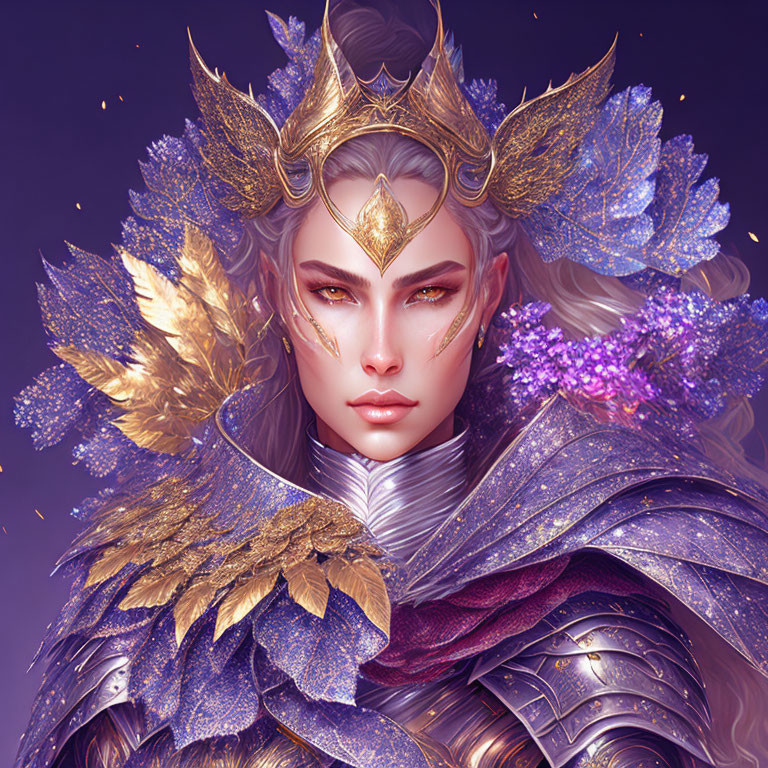 Golden-armored fantasy figure with leaf motifs, detailed crown, purple accents.