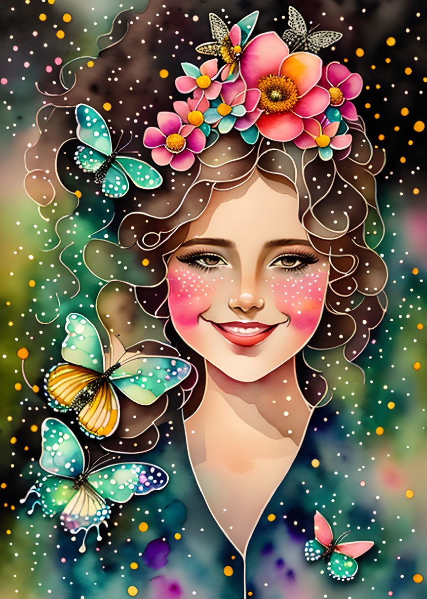 Colorful illustration of a woman with flowers and butterflies in her hair