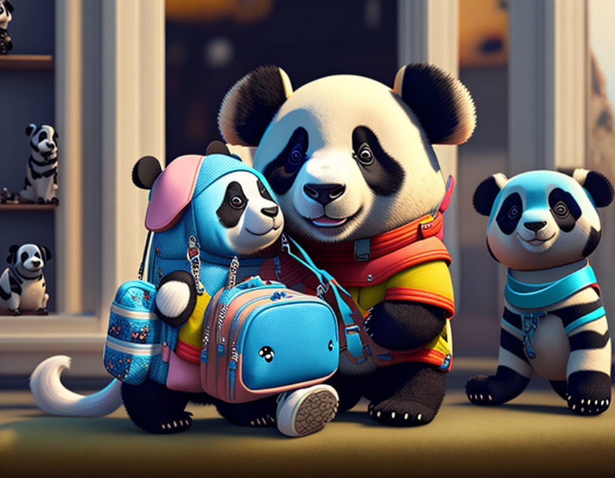 Animated Panda Family in Cozy Room with Miniature Figures