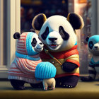 Animated Panda Family in Cozy Room with Miniature Figures