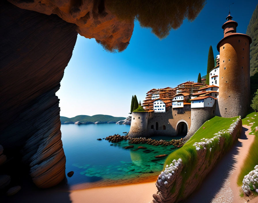 Medieval castle with round tower on coastal cliffs