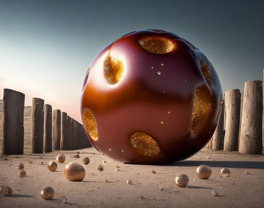 Large Maroon Sphere with Gold Patterns and Wooden Posts in Surreal Scene