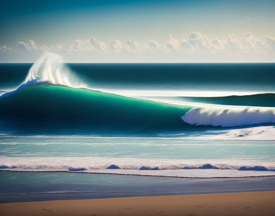 Pristine Beach Scene with Large Cresting Wave