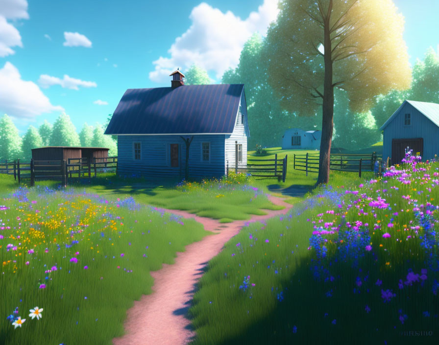 Tranquil countryside landscape with blue house, barn, wildflowers, and sunny sky