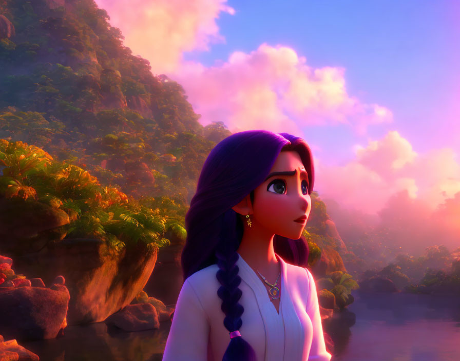 Purple-haired animated character in white outfit in serene landscape with lush greenery and pink sunset clouds