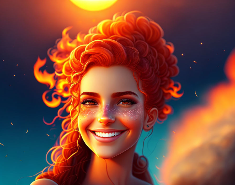 Vibrant portrait of a woman with red curly hair and warm smile against fiery backdrop