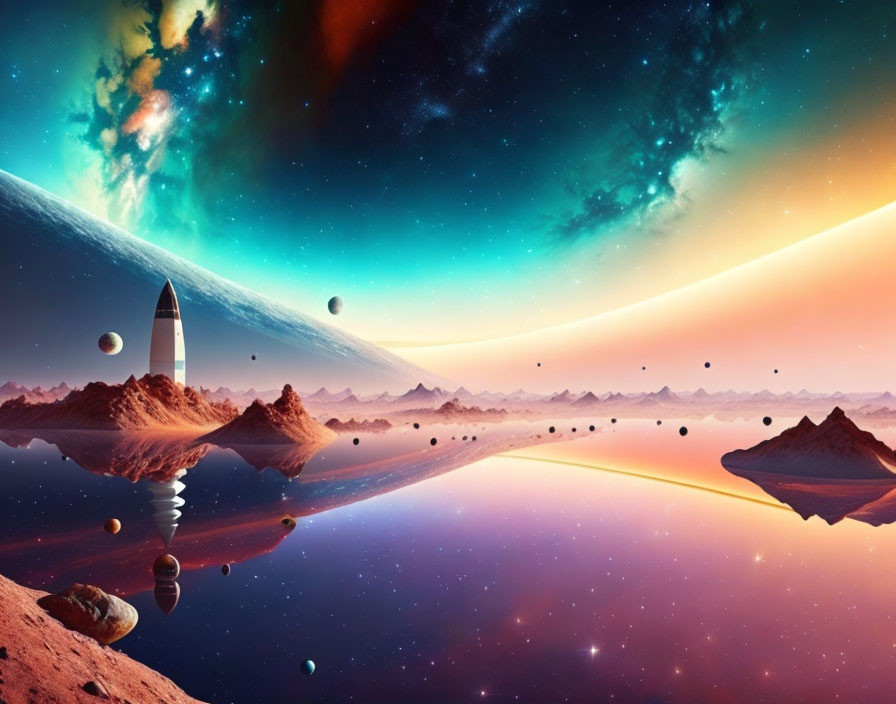 Sci-fi landscape with water, desert, planets, spaceship, and colorful nebula