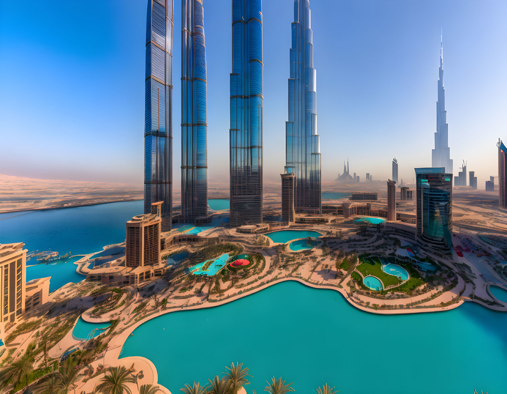 Modern cityscape with skyscrapers, reflective pool, and gardens under clear sky