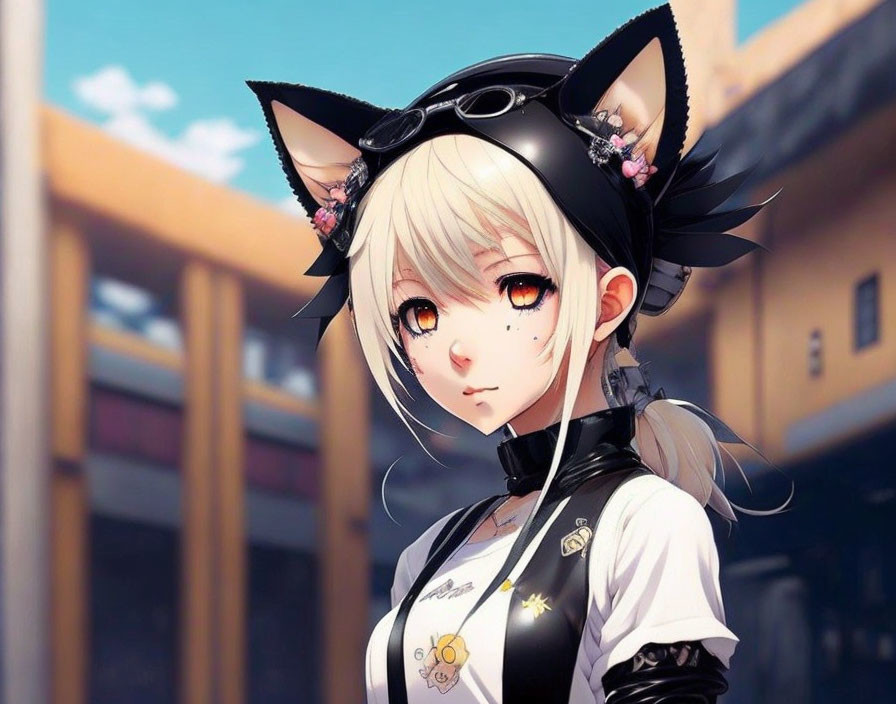 Blonde Anime Character with Cat Ears and Goggles in Urban Setting