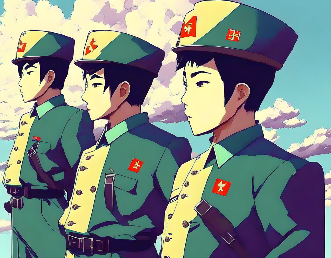 Animated characters in military uniforms with red star insignia, standing under cloudy sky