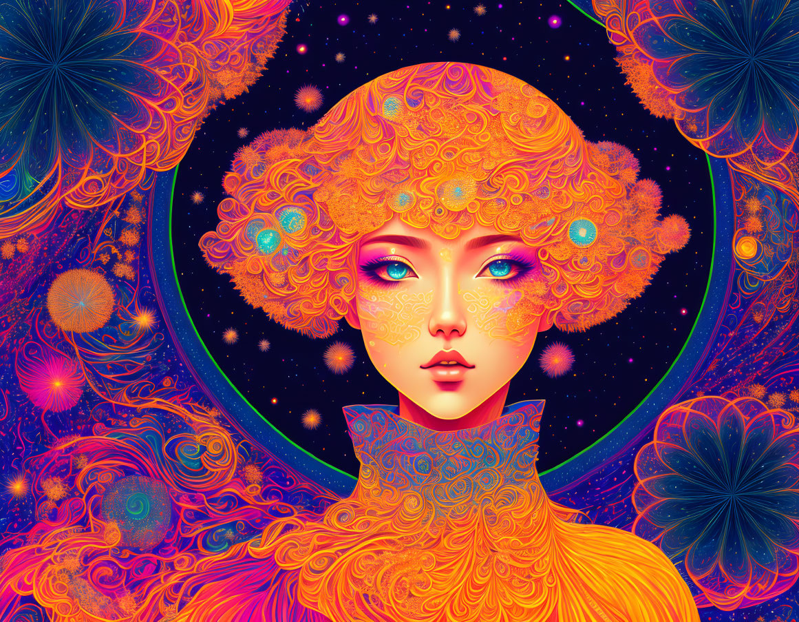 Colorful illustration of woman with red curly hair and ornate patterns on cosmic background.