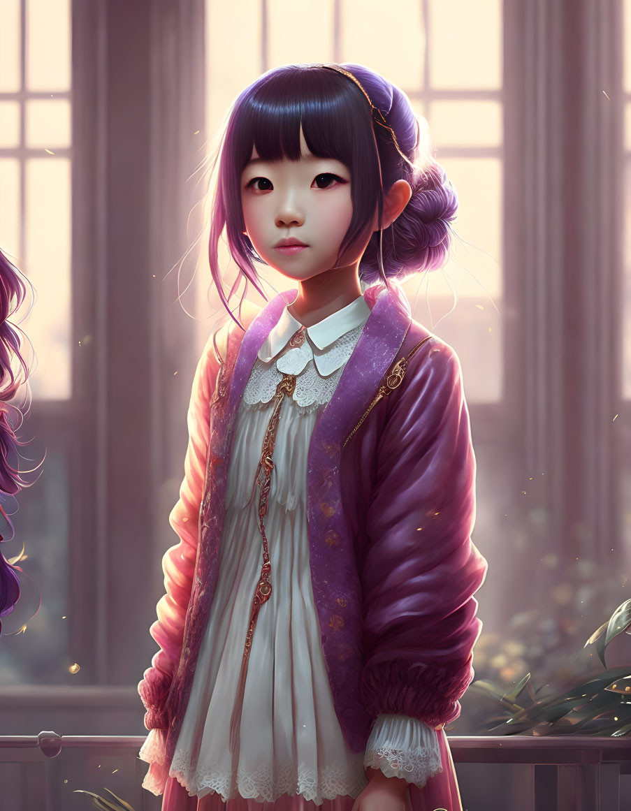 Digital artwork of young girl in purple jacket and twin buns, standing in sunlit room