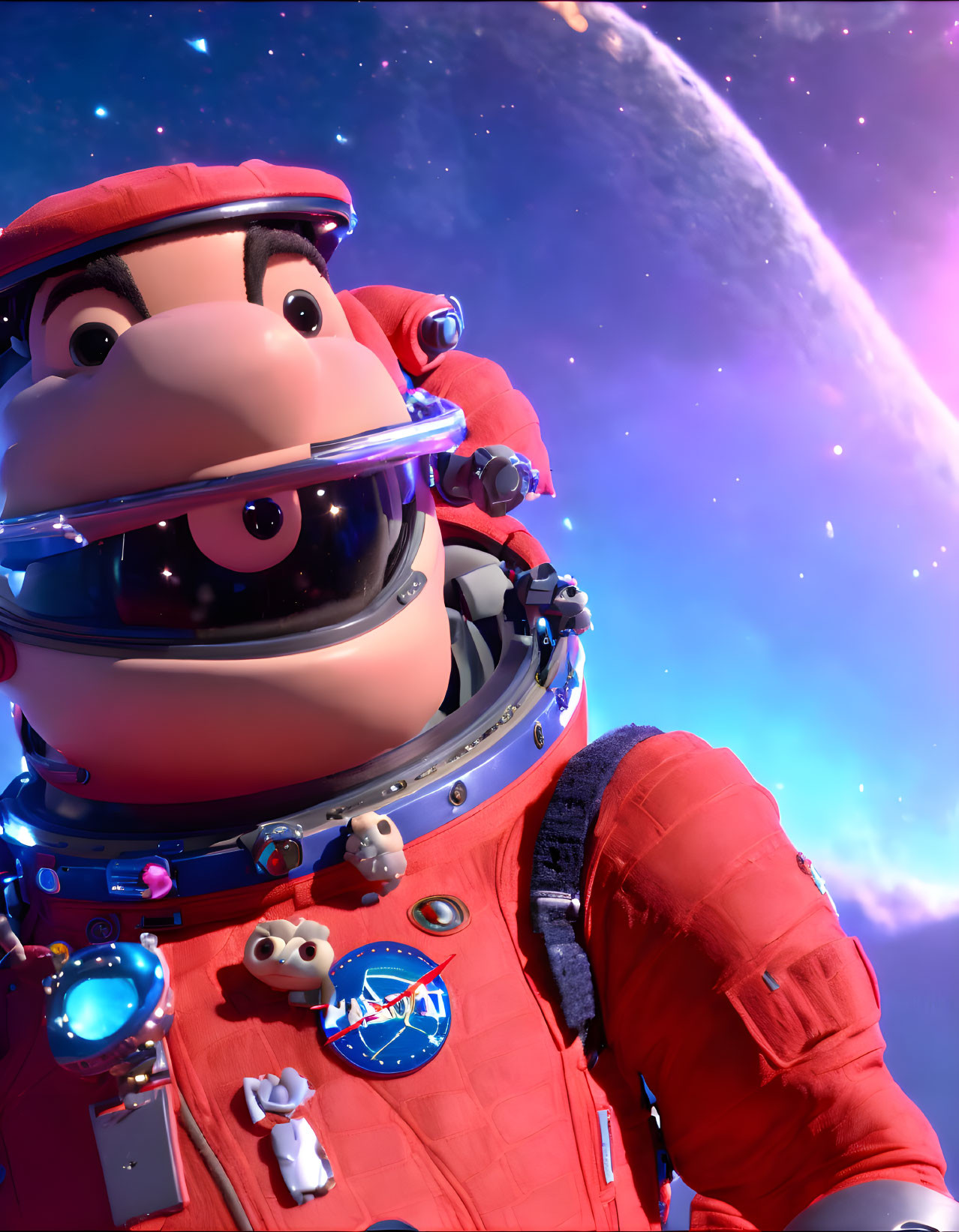 Astronaut Animated Character in Red Suit on Cosmic Background