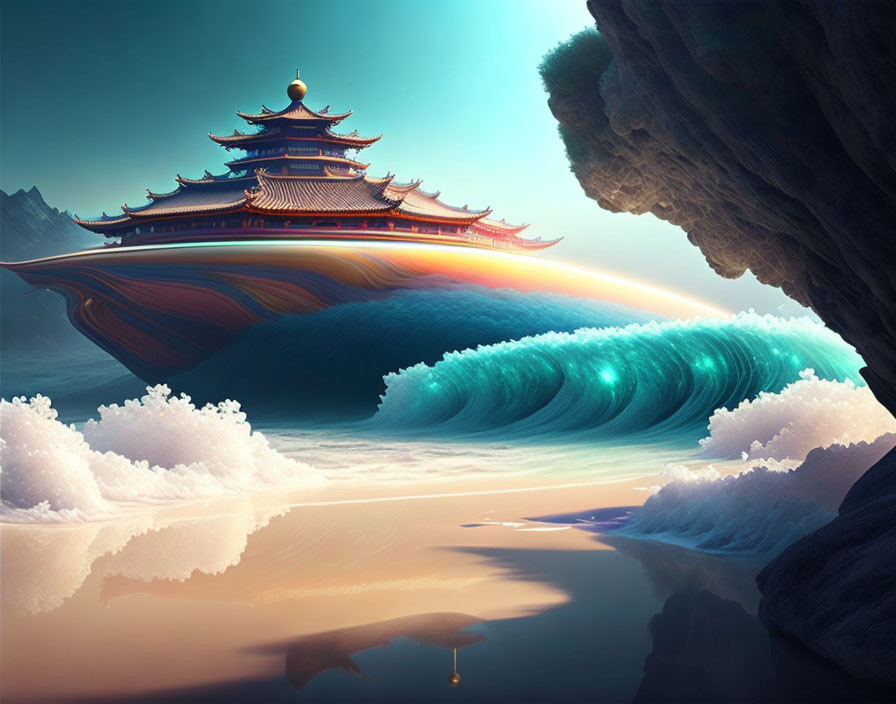 Fantastical landscape with floating pagoda, wave, and clouds