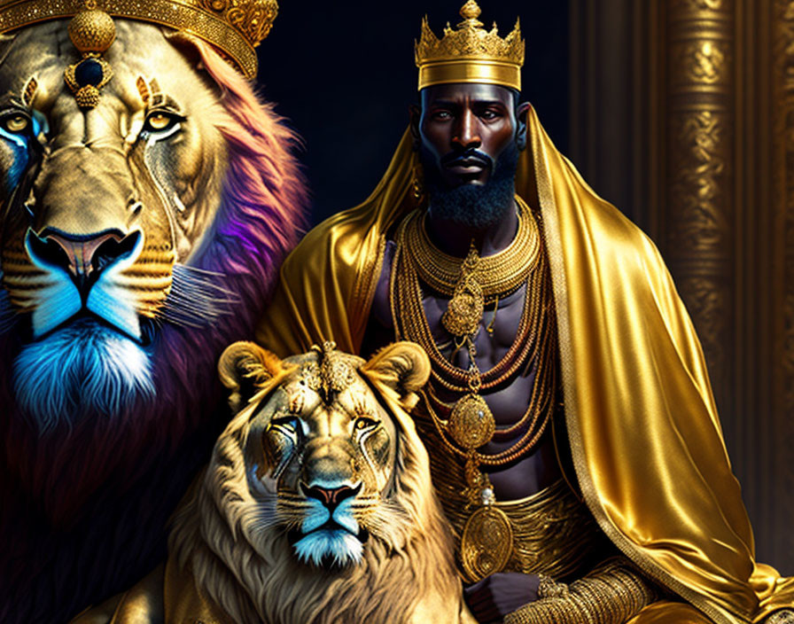 Regal King with Lions in Majestic Artwork