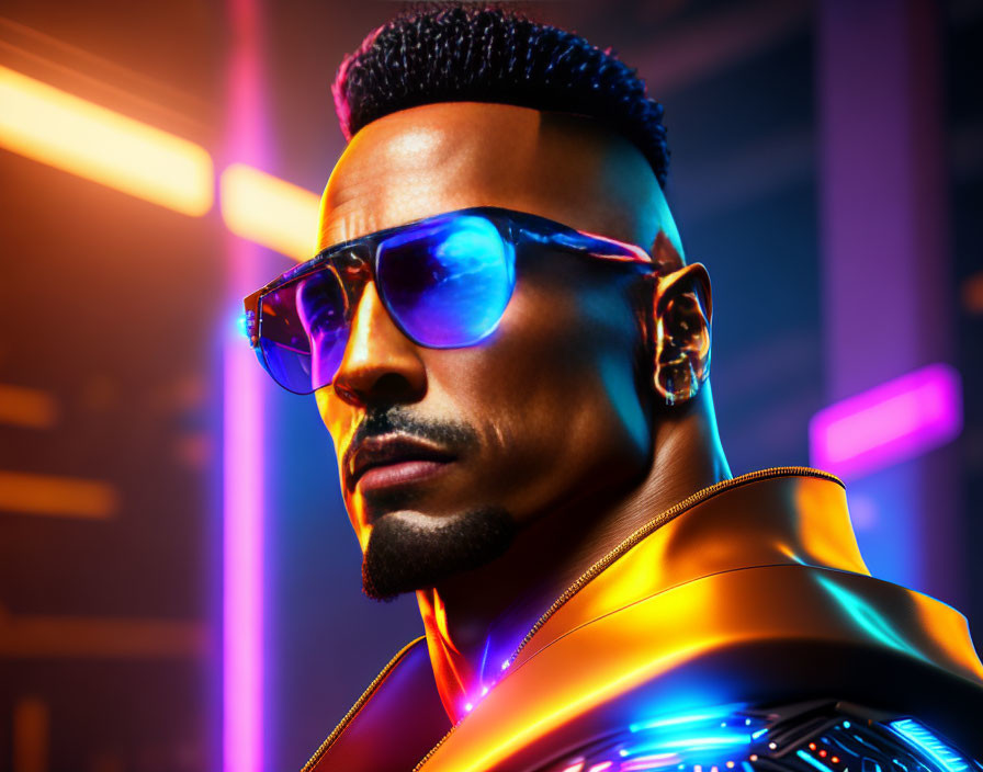 Man with Mohawk in Futuristic Jacket on Neon-lit Background