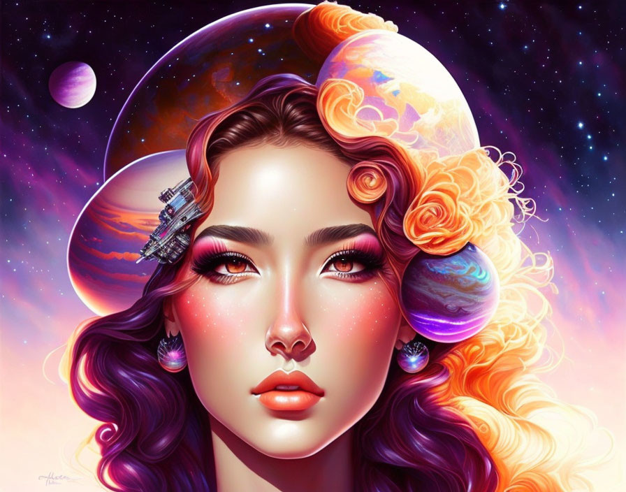 Digital Artwork: Woman with Cosmic Hair and Space Elements