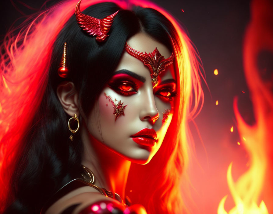 Fantasy Portrait of Woman with Red Glowing Horns and Fiery Makeup