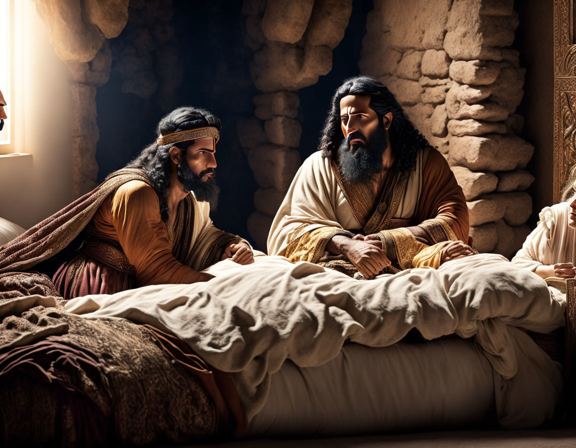 Three men in historical attire having a serious conversation in dimly lit room