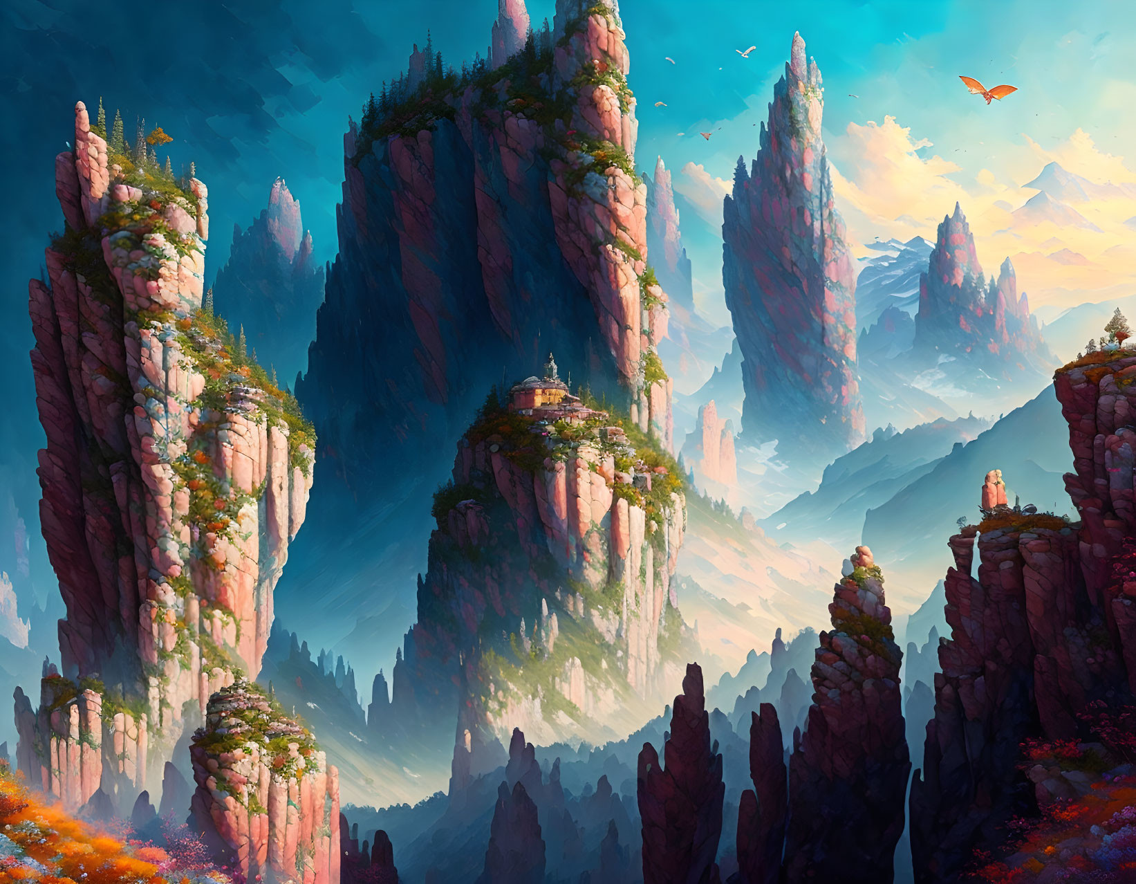 Fantastical landscape with pink rocky pillars, lush vegetation, waterfalls, and flying creatures