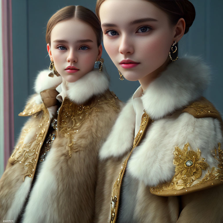 Luxurious fur-collared coats with gold embroidery and jewels worn by individuals