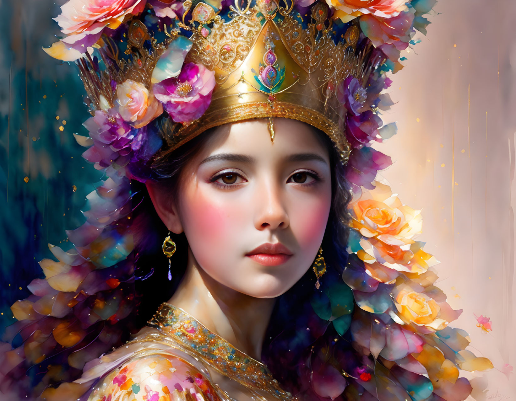 Young woman portrait with ornate golden headwear and floral garment