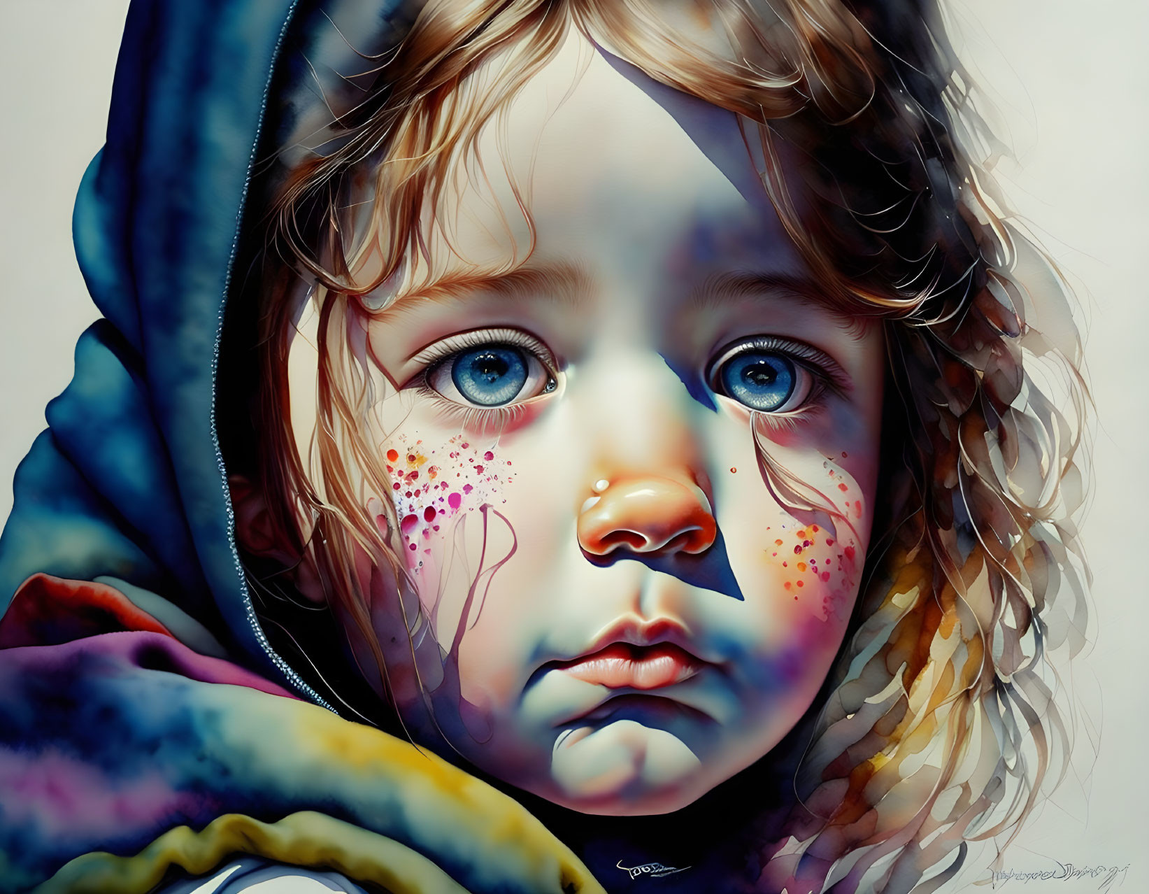 Digital painting of young child with blue eyes, curly hair, freckles, and colorful blanket