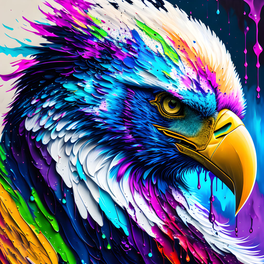 Colorful Paint Splatter Effect on Eagle's Feathers in Digital Art