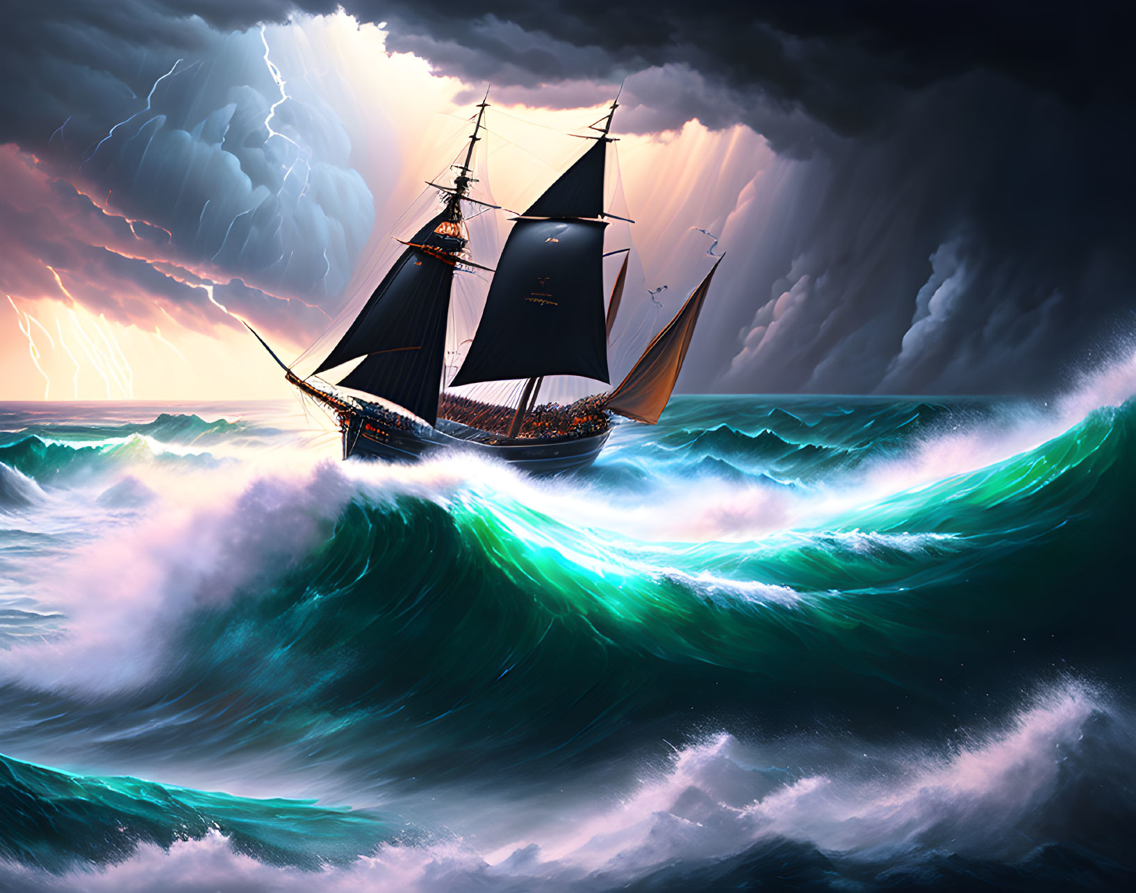 Sailing ship in stormy seas under dramatic sky