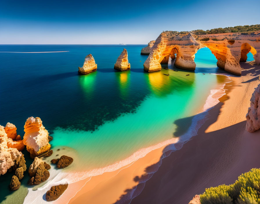 Golden Sand Beach with Turquoise Waters and Striking Rock Formations