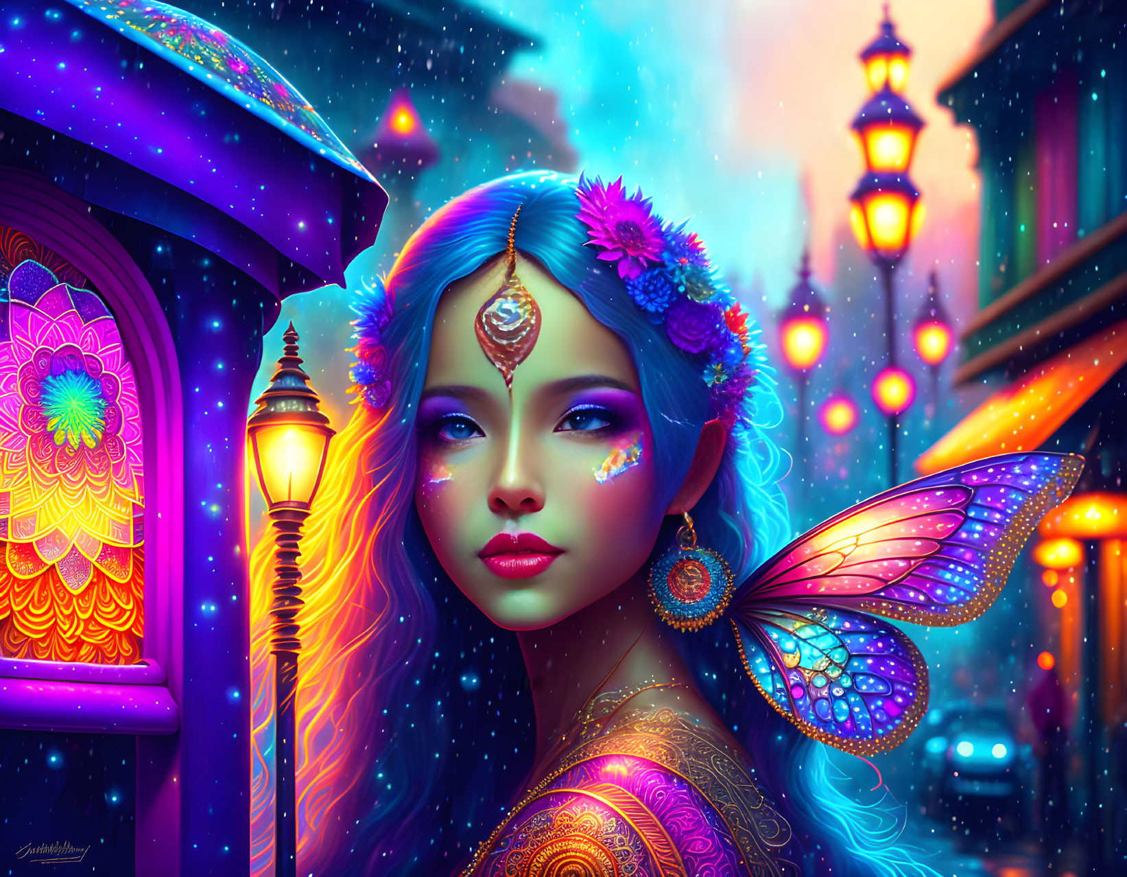 Colorful digital artwork: Woman with fairy features in illuminated night street