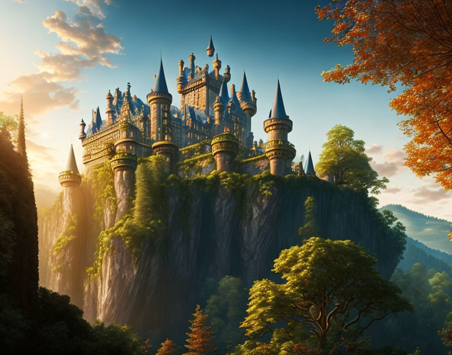 Enchanting castle with multiple spires on cliff in warm sunlight