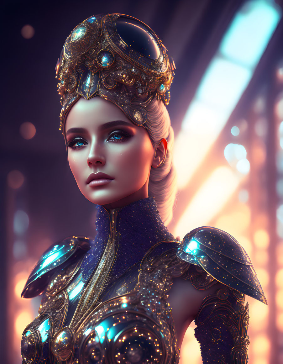 Futuristic digital art of woman in ornate armor in sci-fi setting