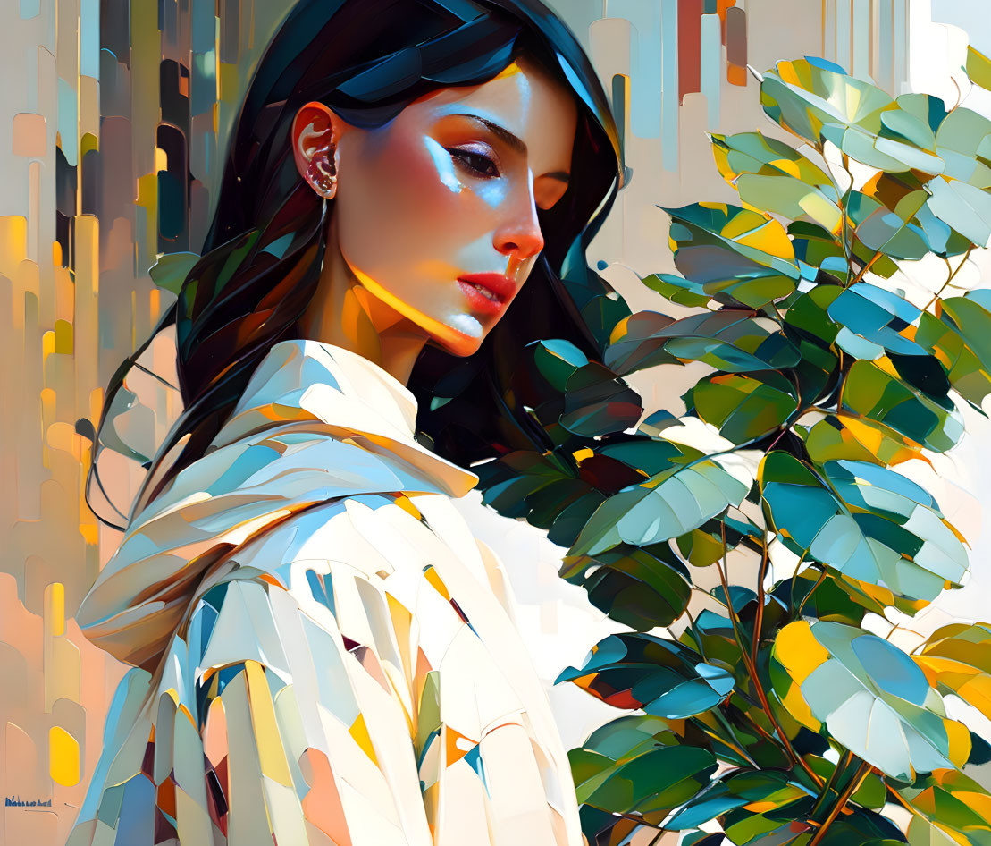 Dark-haired woman in white outfit with foliage in colorful digital painting