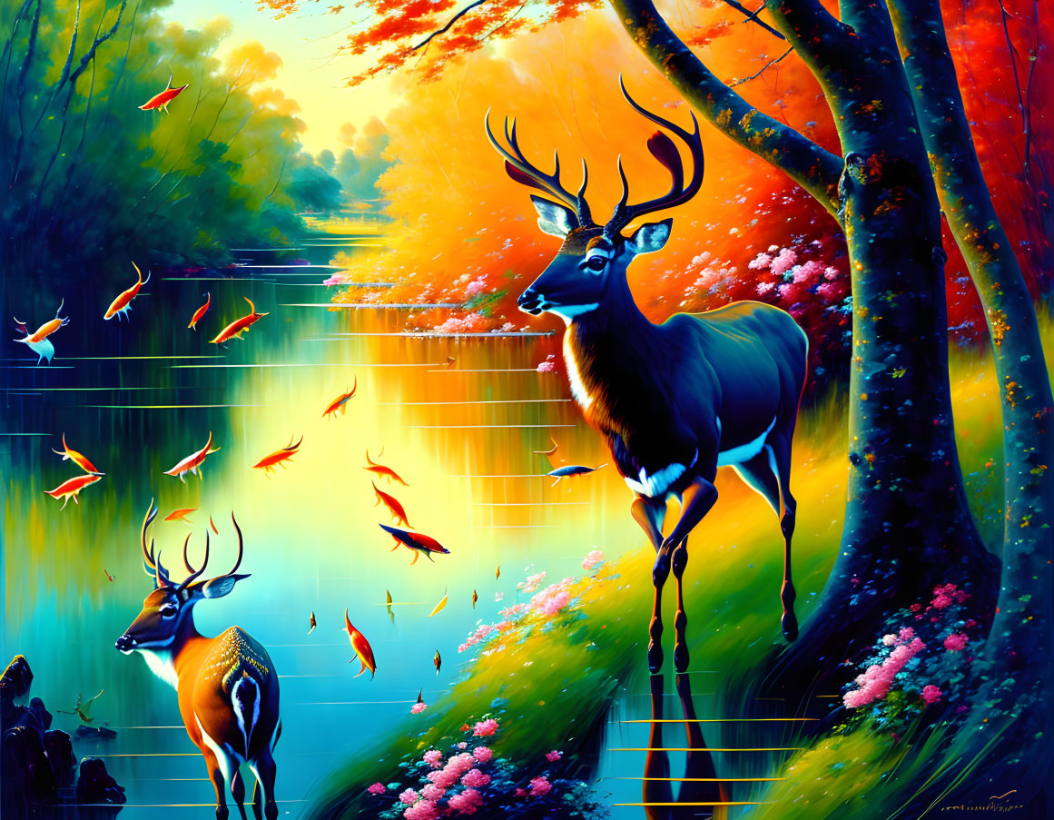 Colorful autumn scene: two deer by lake with jumping fish