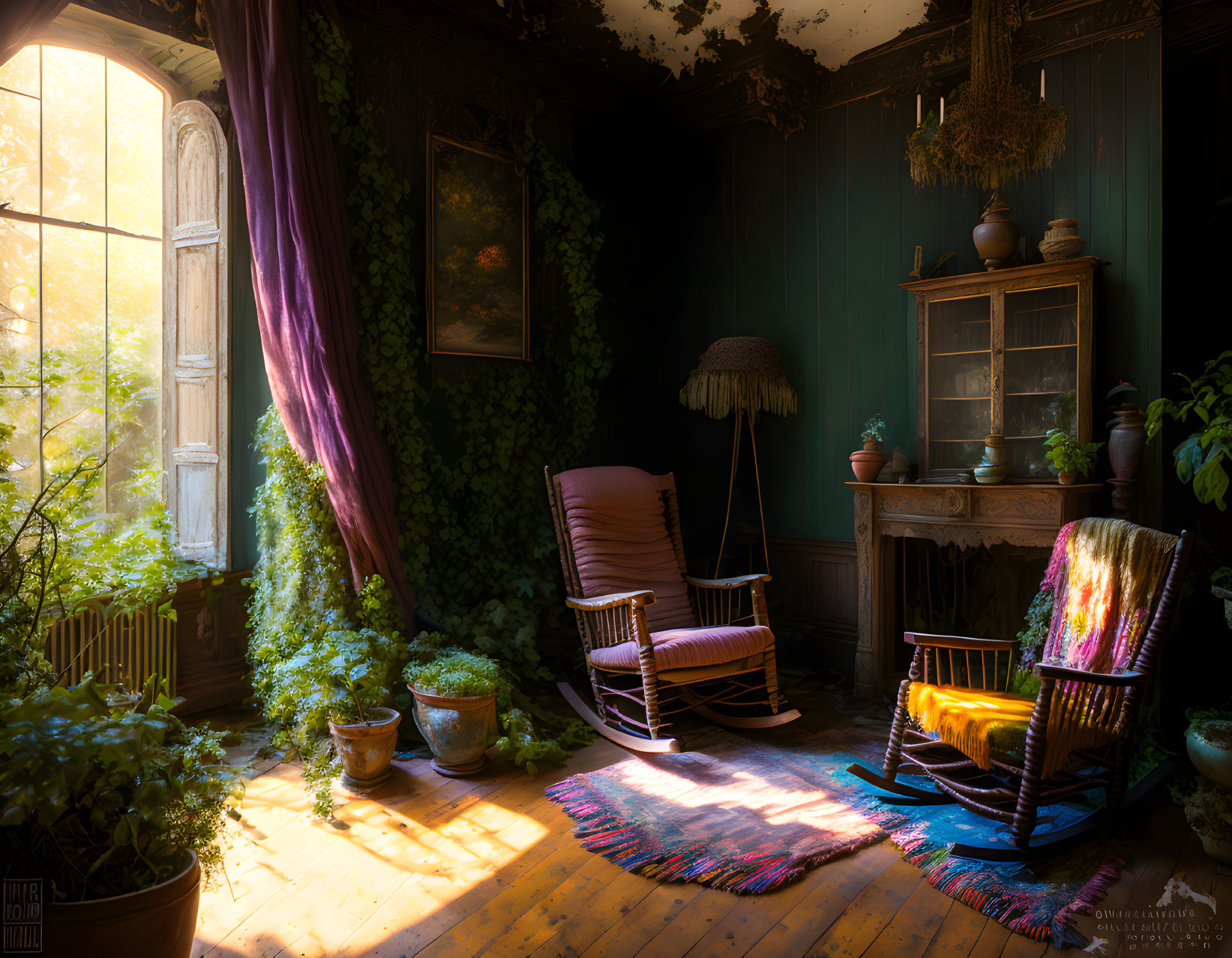 Vintage Room with Rocking Chairs, Plants, and Sunlit Arched Window