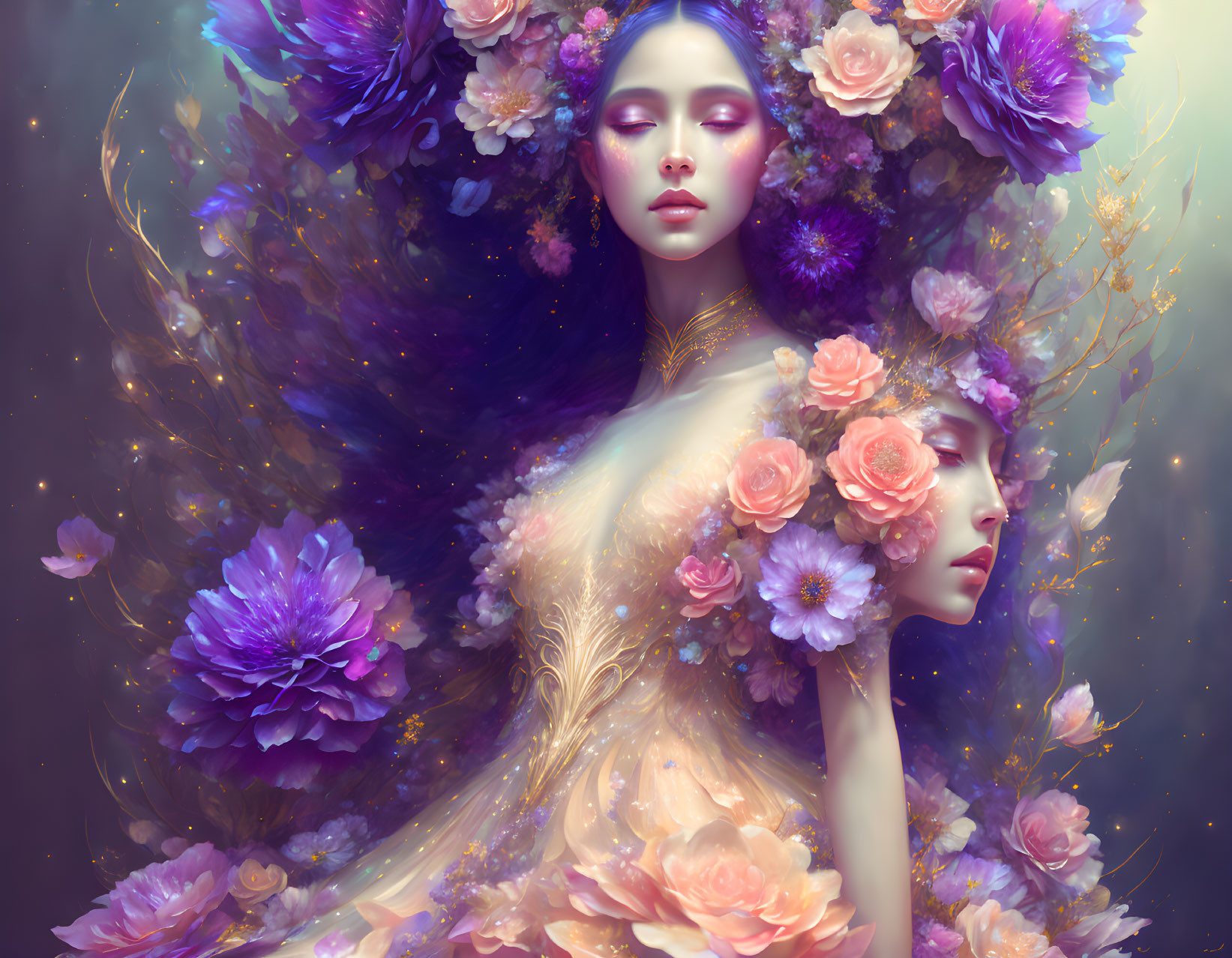 Ethereal women in flower surroundings, one upright and the other resting head on the first