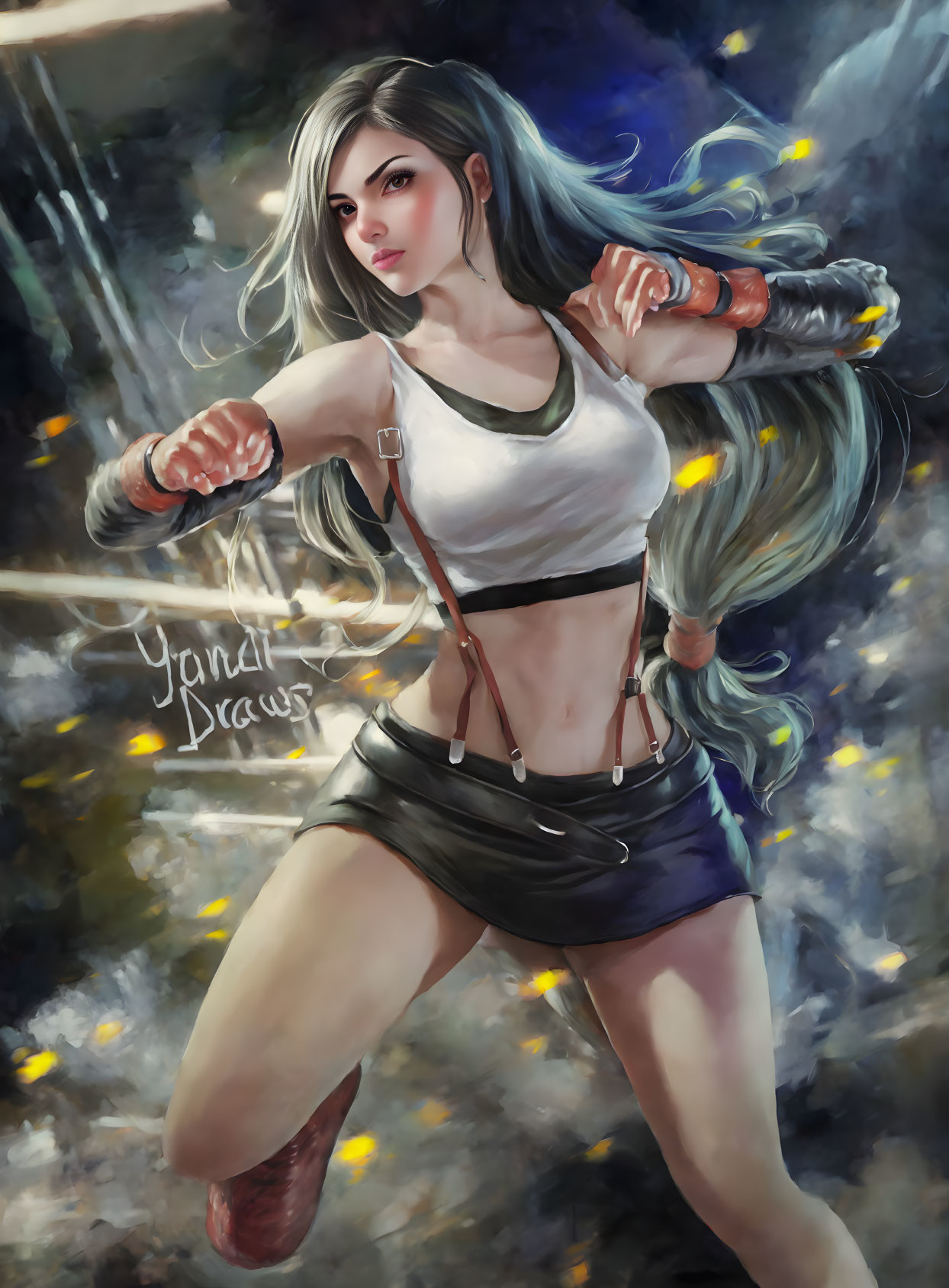 Dynamic woman with silver hair in cropped tank top wields nunchucks among sparks