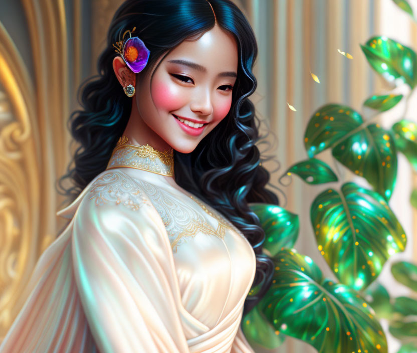 Smiling woman with wavy hair in traditional cream outfit and orchid flower