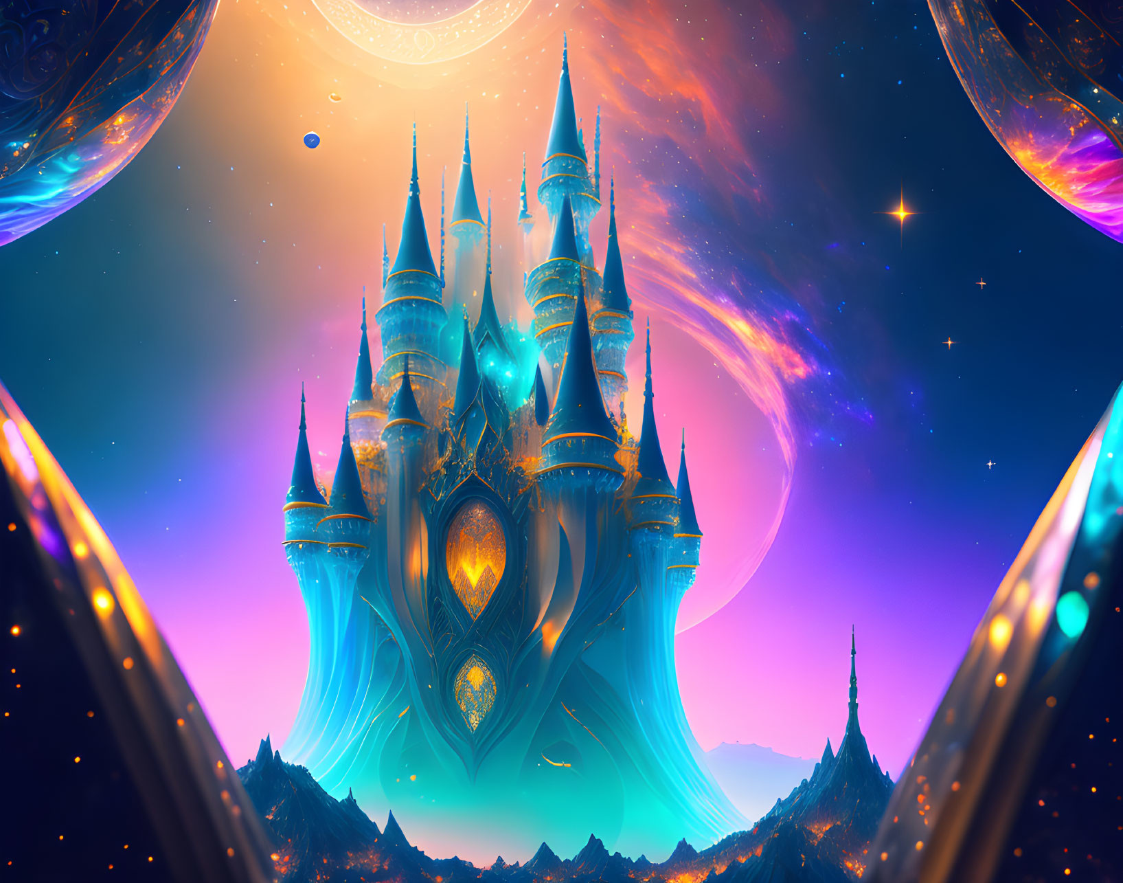 Ethereal castle in vibrant fantasy landscape under cosmic sky