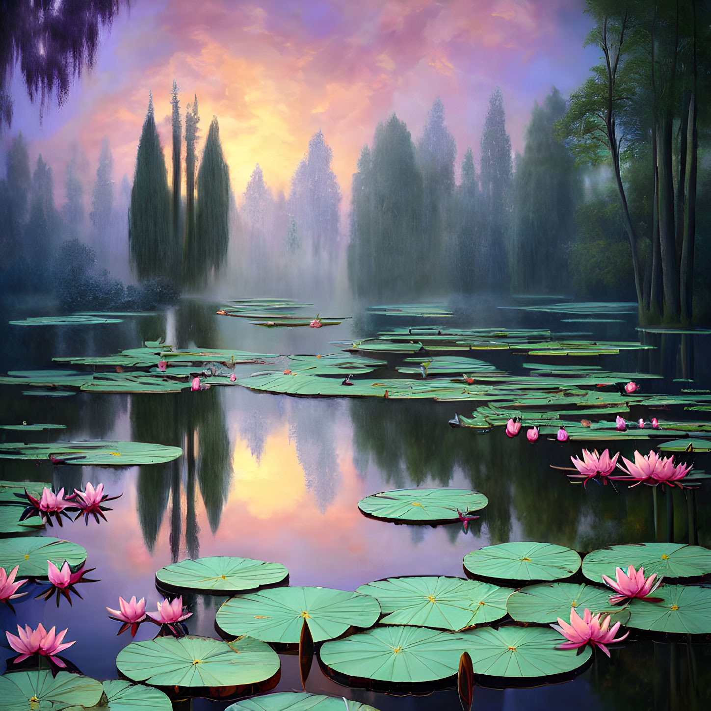 Tranquil pond with pink lotus flowers and lily pads at twilight