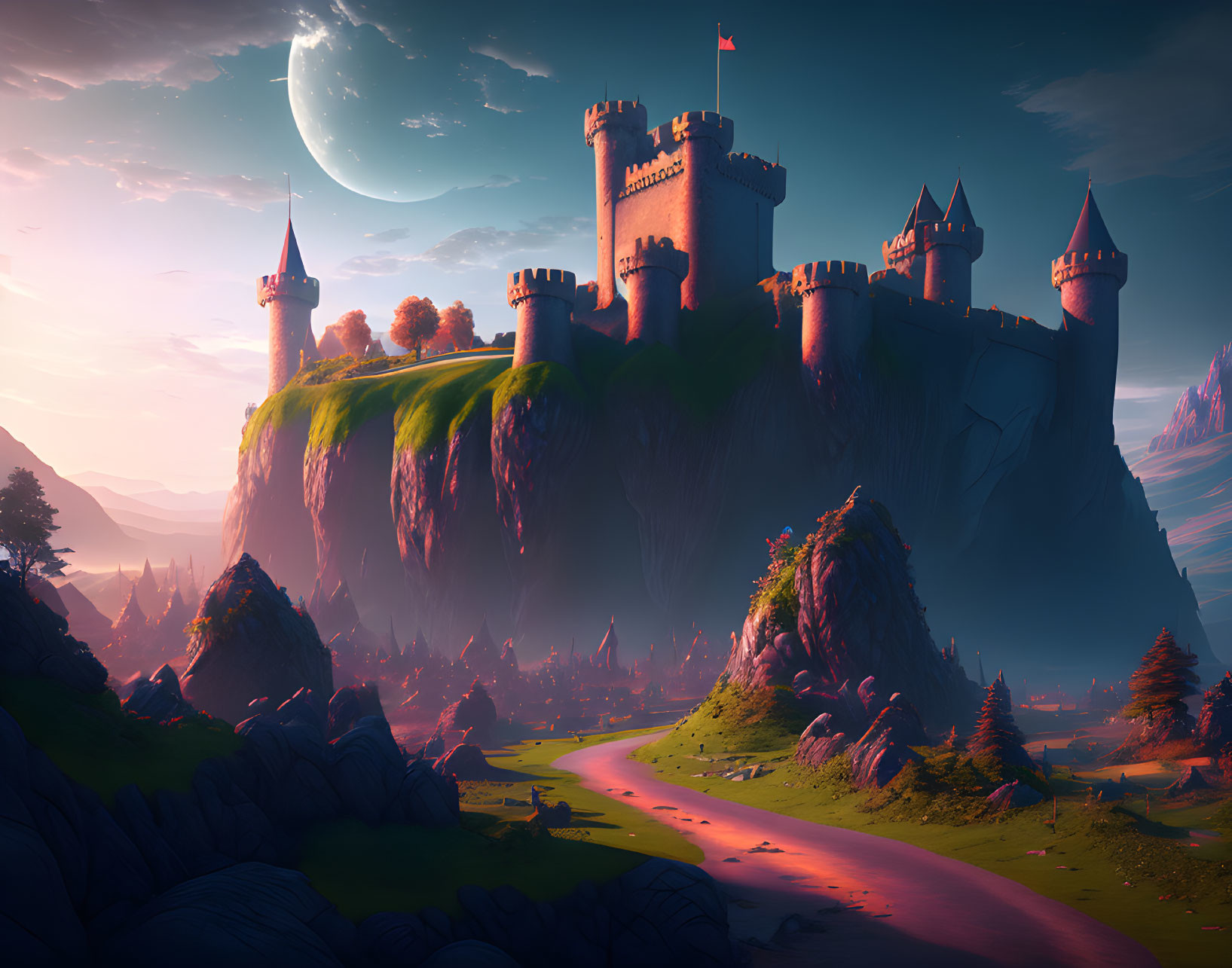 Castle on Cliff at Twilight with Moon and Winding Road