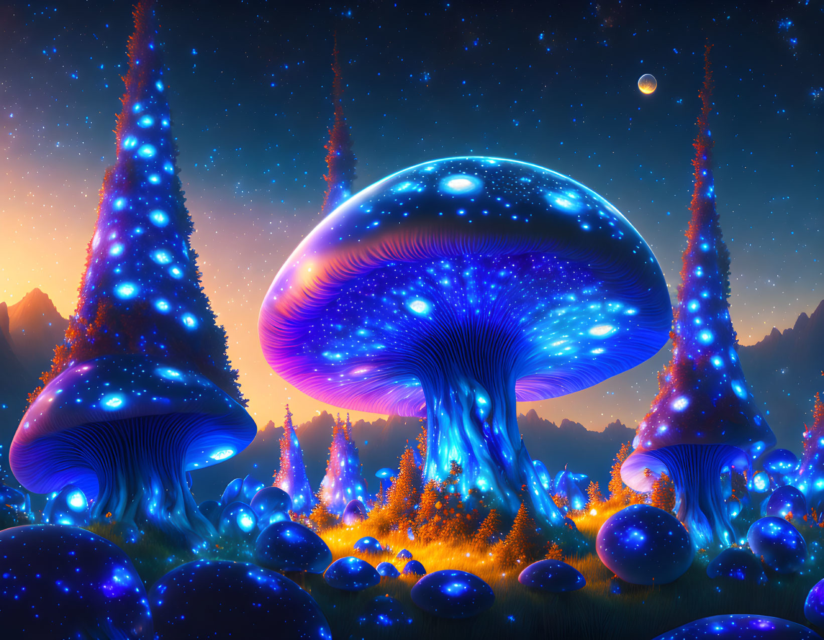 Vibrant oversized mushrooms in fantasy landscape under starry sky