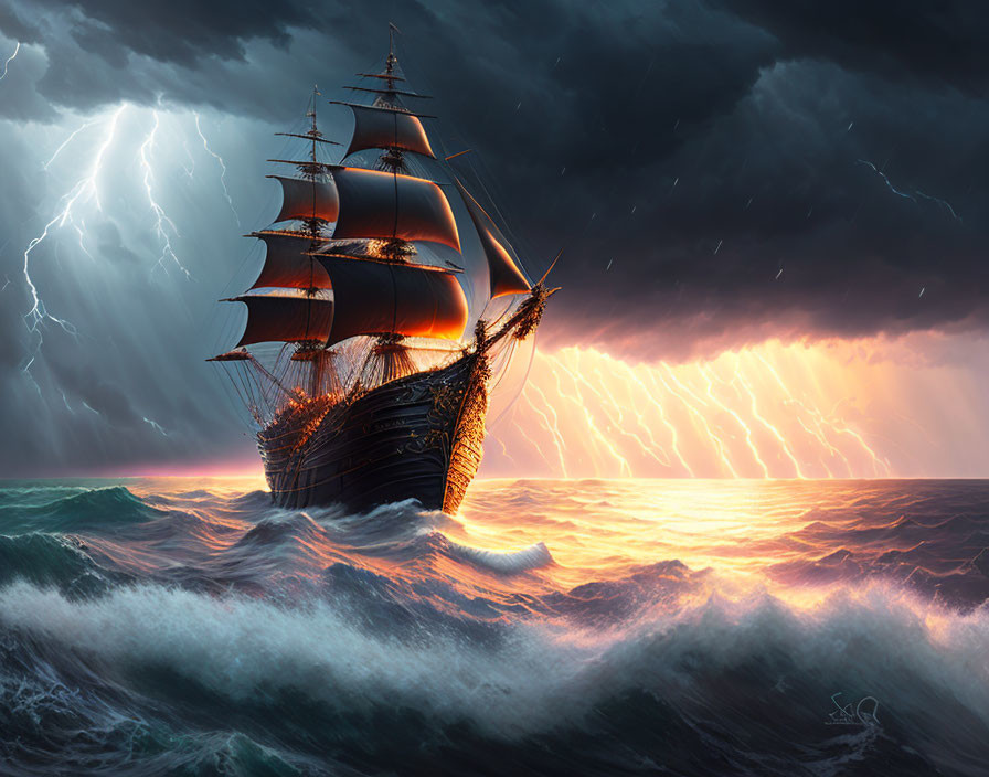 Sailing ship navigating stormy seas under dramatic sky