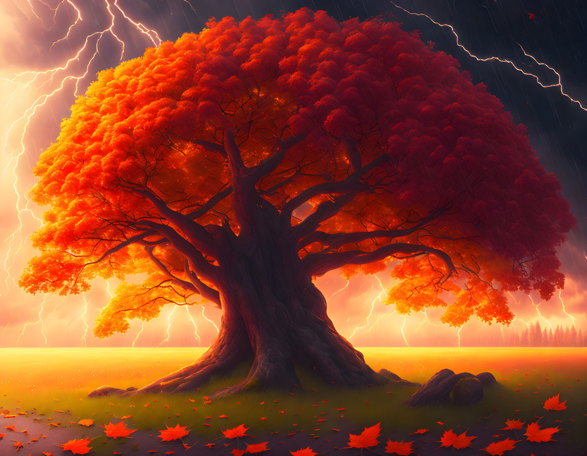 Majestic tree with fiery-orange canopy amid lightning strikes