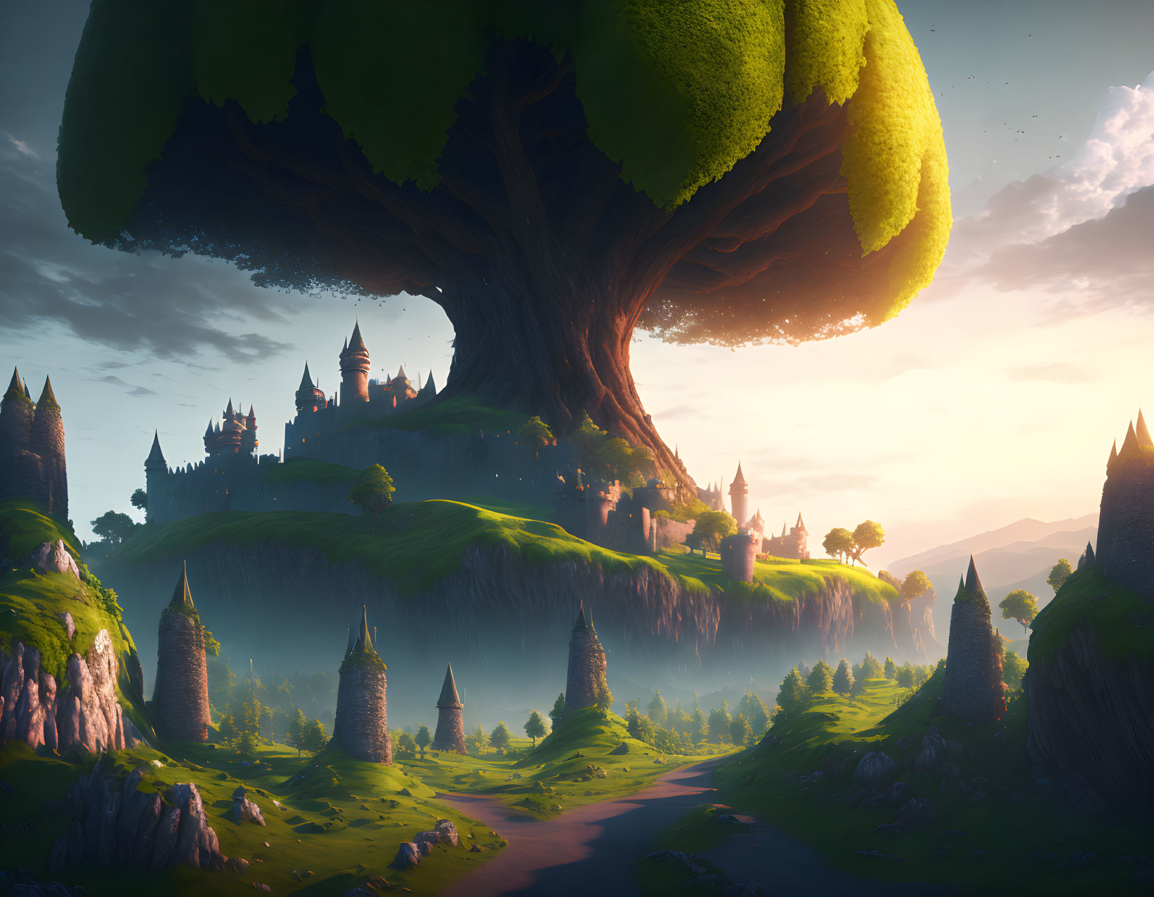 Fantastical landscape with giant tree, castle, and spires at dawn or dusk