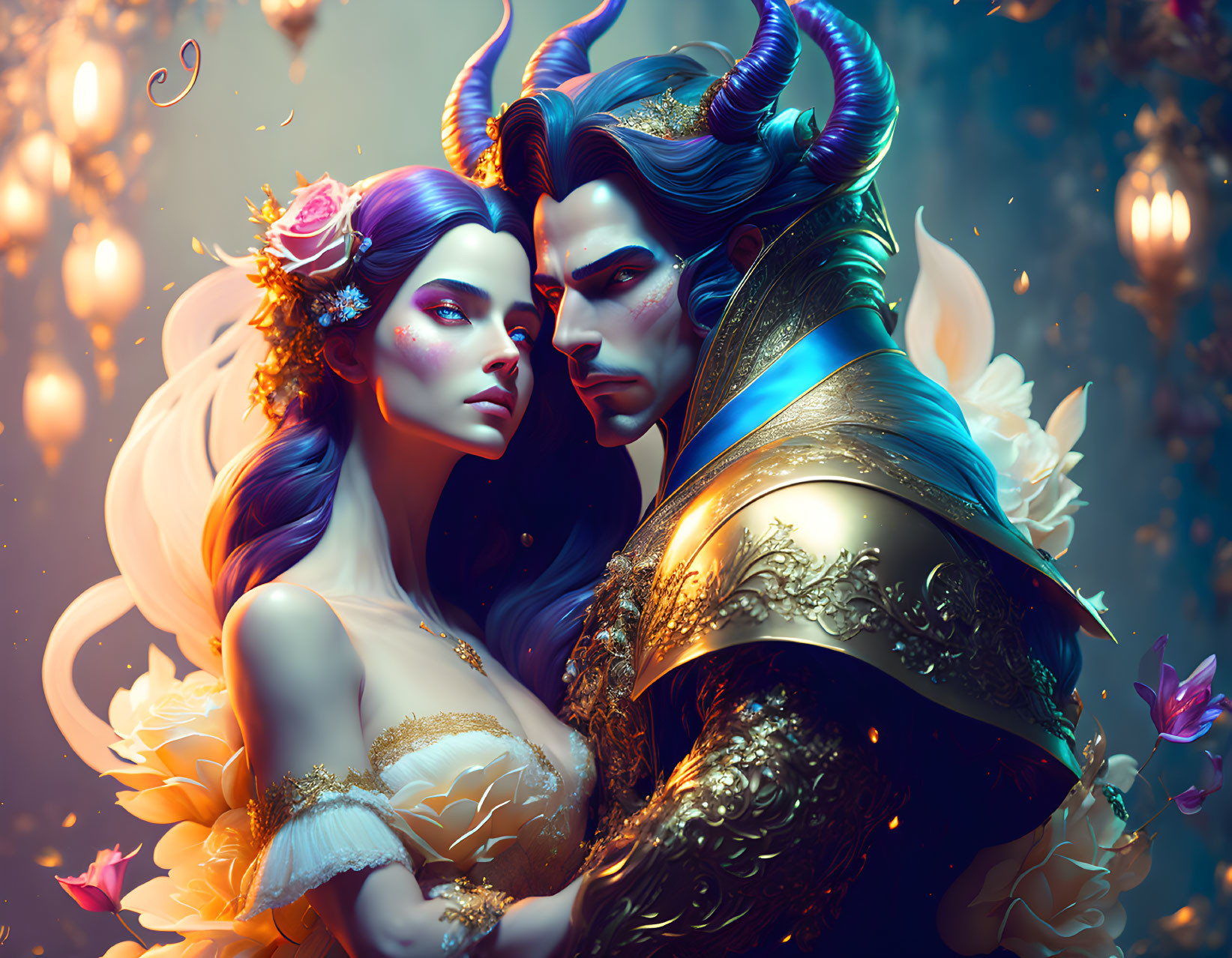 Fantasy illustration: Woman and horned man embrace with magical lights and ornate costumes