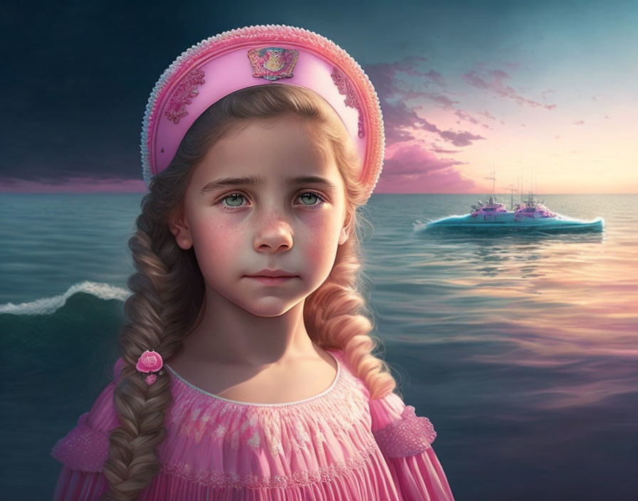 Digital artwork of young girl in pink outfit with hat, sunset over sea and boat.