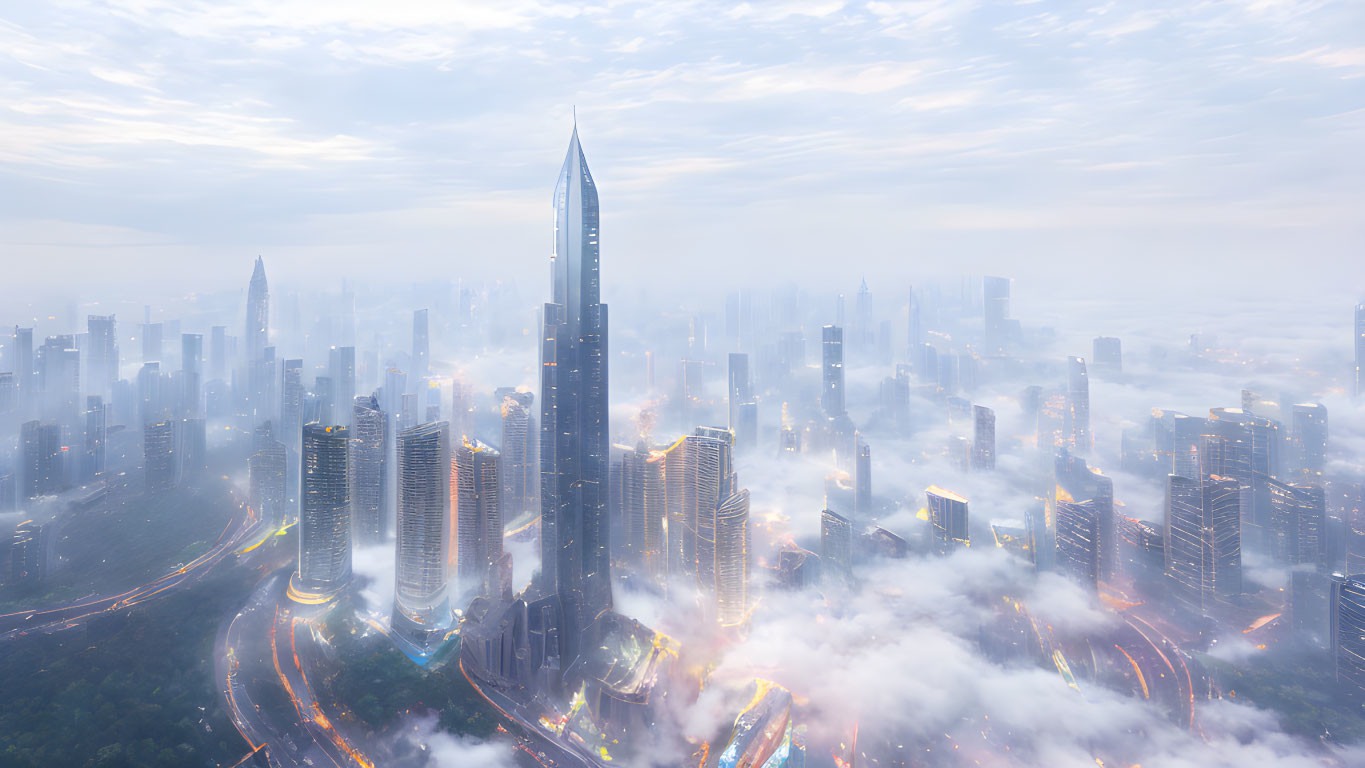 City skyline with skyscrapers in twilight amidst low-lying clouds